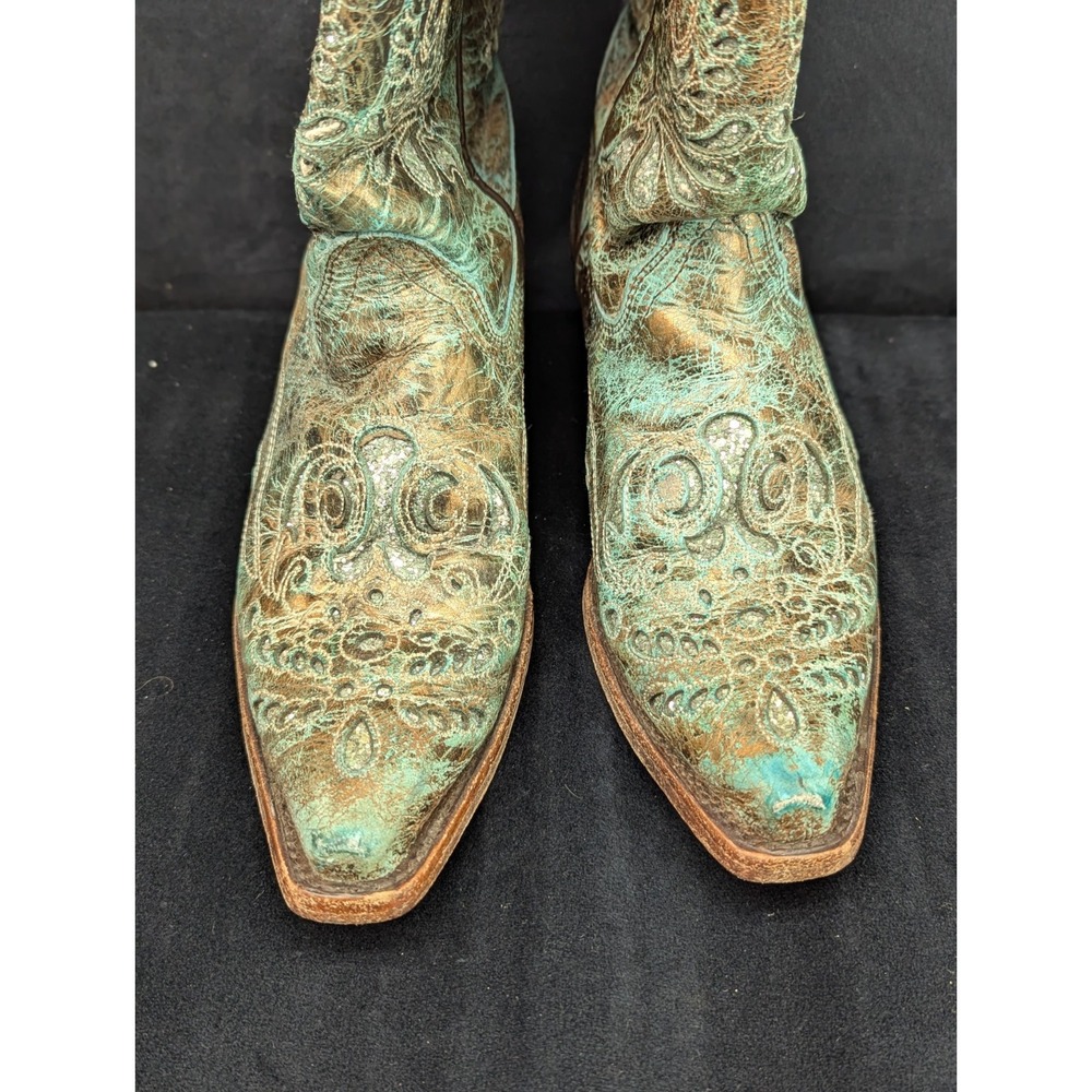 Corral Boots 7.5M Pointed Snip Toe Women Bronze/Turquoise Engraved Glitter Inlay - Picture 12 of 16